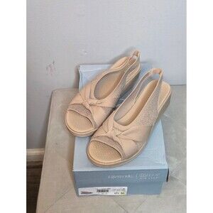 Life Stride Bell Beige Knit  Slingback Wedge Sandals, Sz 6.5 NIB